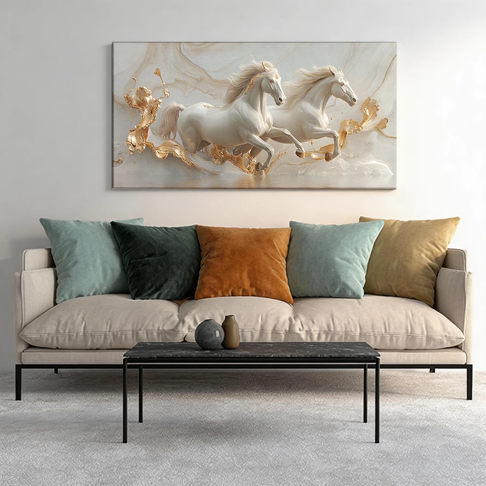 

Large-sized solid wood frame canvas painting 1pc Two white horses, golden splashes.