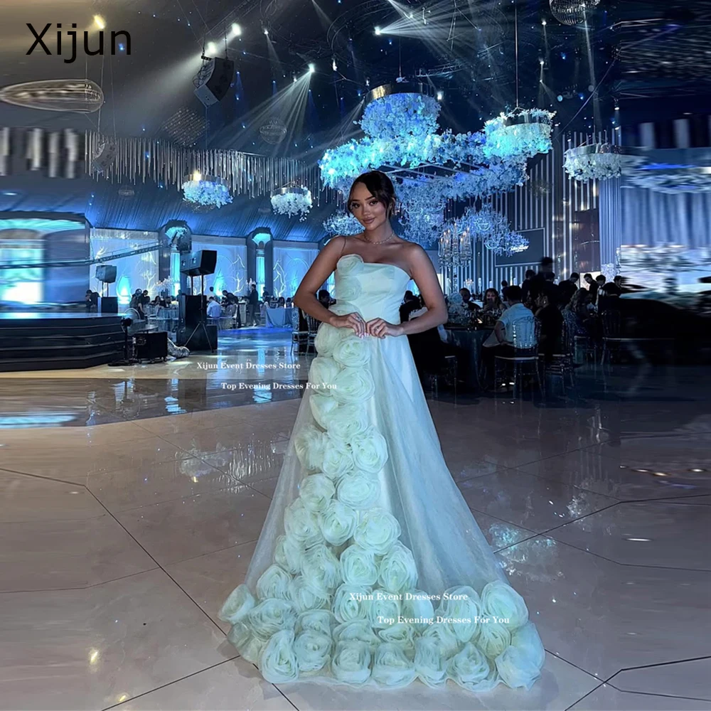 

Xijun Gogerous Long Green Evening Dresses 3D Flowers Sleeveless Dubai Prom Dresses A-Line Formal Occasion Prom Gowns Customized