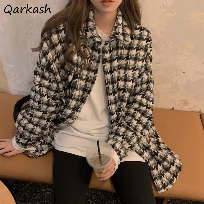 

Blends Wool Coats Women Loose Plaid Houndstooth Woolen Coat Autumn Ulzzang Retro Design Tops Simple Pockets Outwear Korean Style