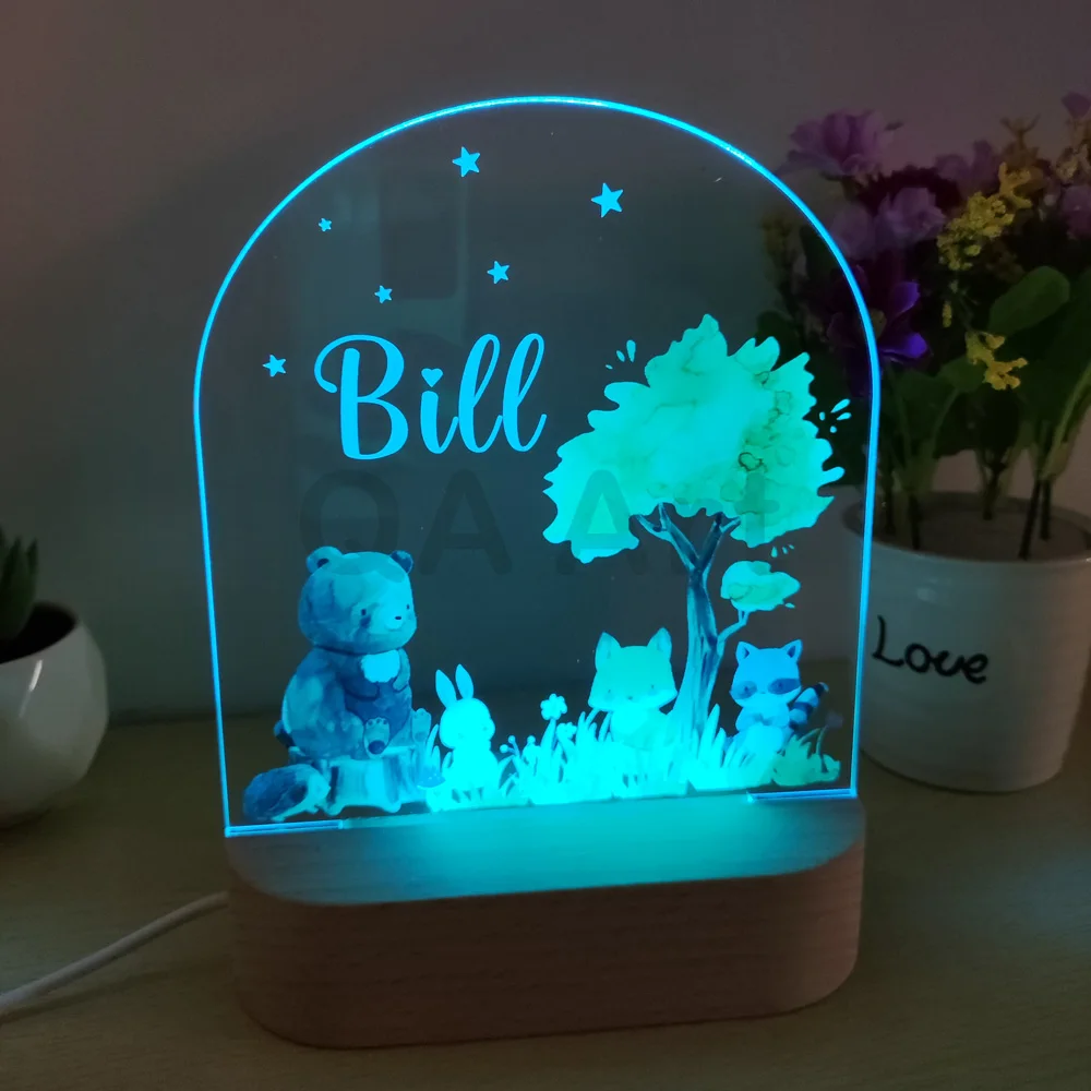 Personalizowana lampka nocna dla dzieci z motywem zwierząt, akrylowa lampka nocna z własnym imieniem, dekoracja do pokoju dziecięcego, prezent na urodziny, Boże Narodzenie dla noworodka
