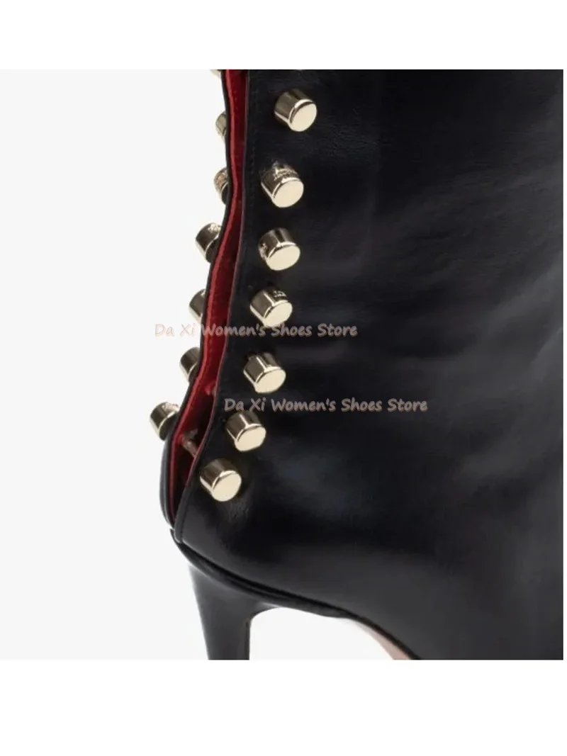 Back-Slit Design Gold Stud Embellishment Pointed Tip Stiletto Heel Knee-High Boots Red Piping Fashion Winter Women's Boots 2026