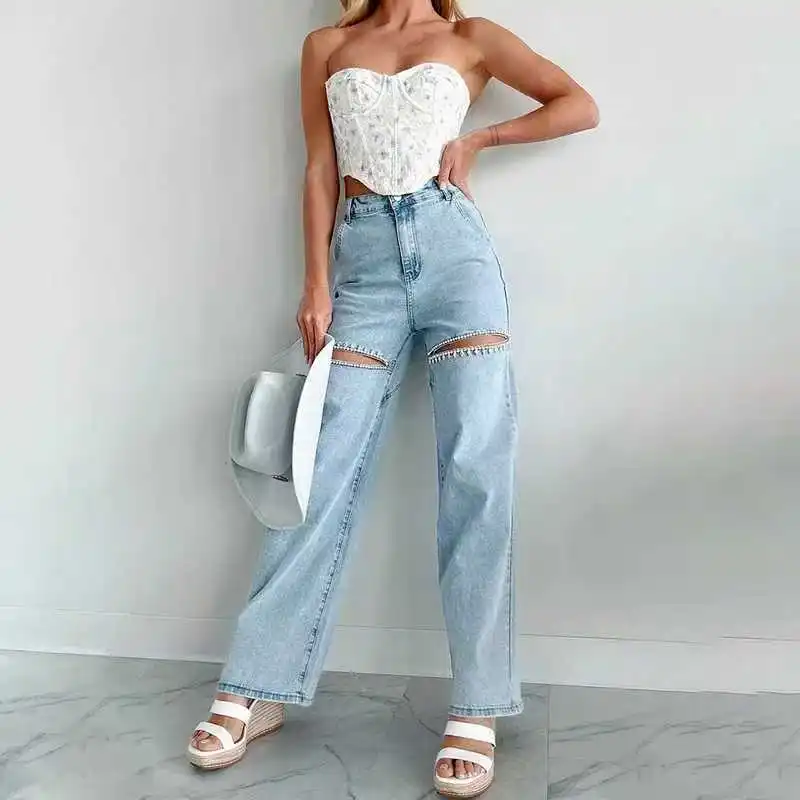 Sexy Diamant Holle Hoge Taille Jeans Vrouwen Modieuze Casual Broek Elegante Slanke Knoop Gat Rechte Pijpen Broek Streetwear Vrouwen