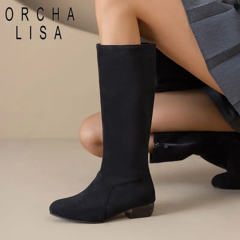 

ORCHA LISA Fashion Flock Suede Women Mid Calf Boots Round Toe 3cm Block Heels Zipper Large Size 45 46 47 Knight Botas Autumn