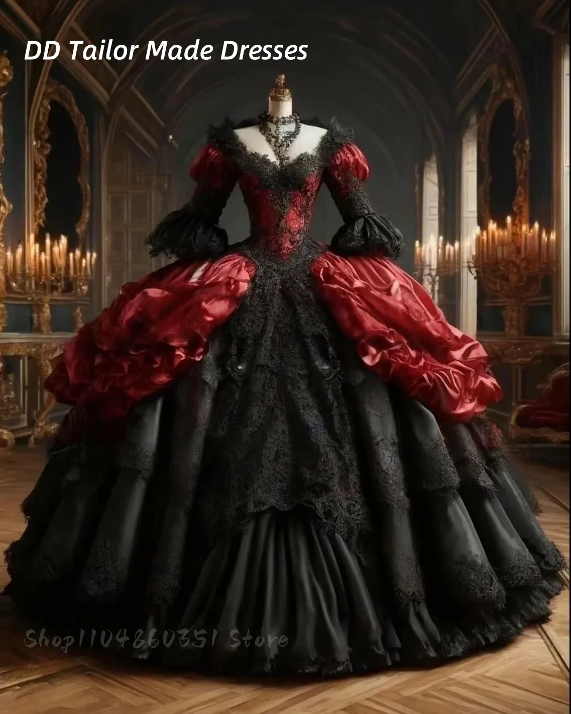 

Gothic Black And Red Wedding Dress Flare Sleeves Ruffle Ruched Ball Gown Masquerade Dress Customized Vintage Prom Vestidos