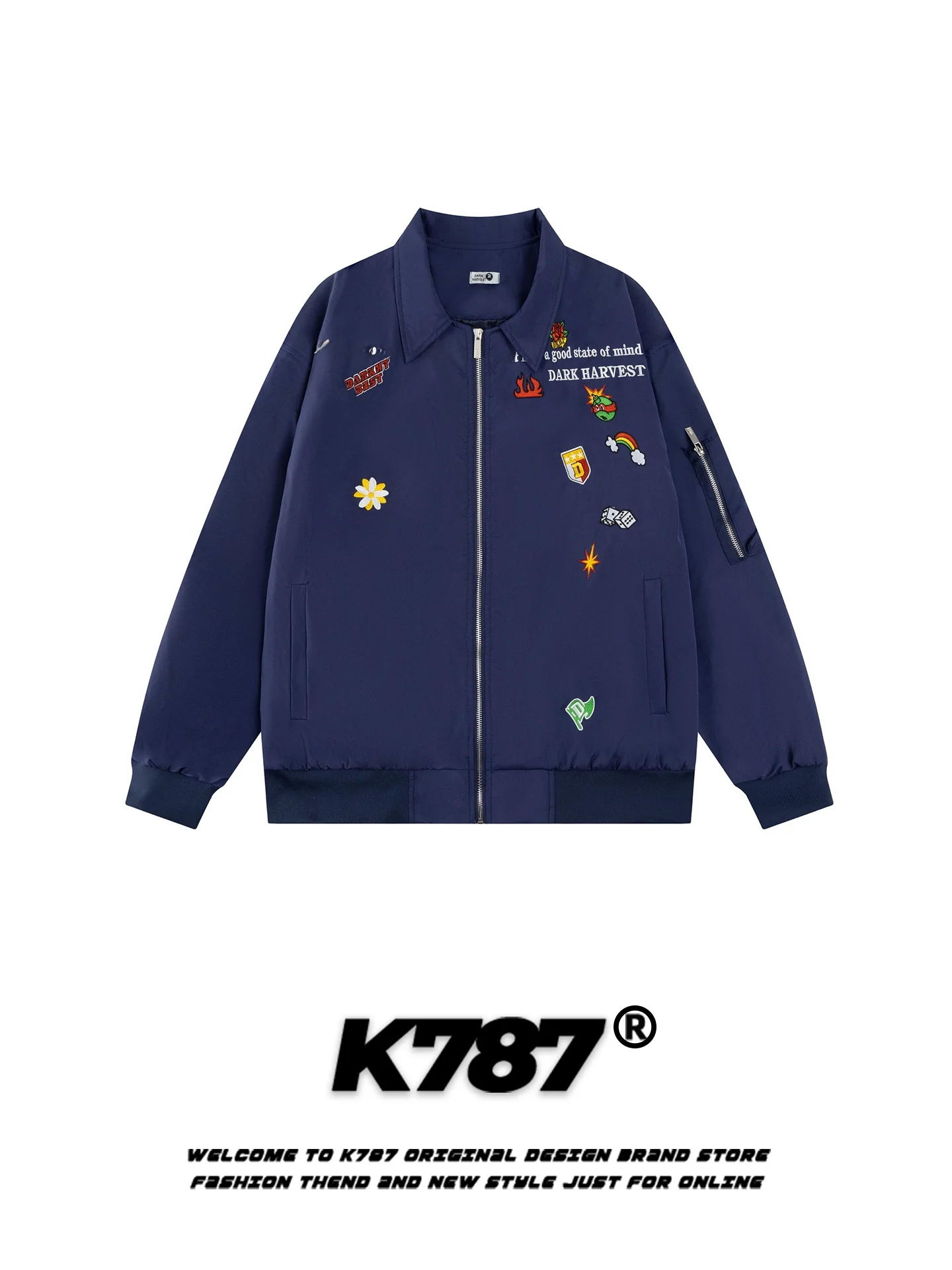 

K787 American Sle Street Fun Embroidery Open Cardigan Jaet Loose Fit Zipper Outerwear for Couples Spring Youth Polyester ...