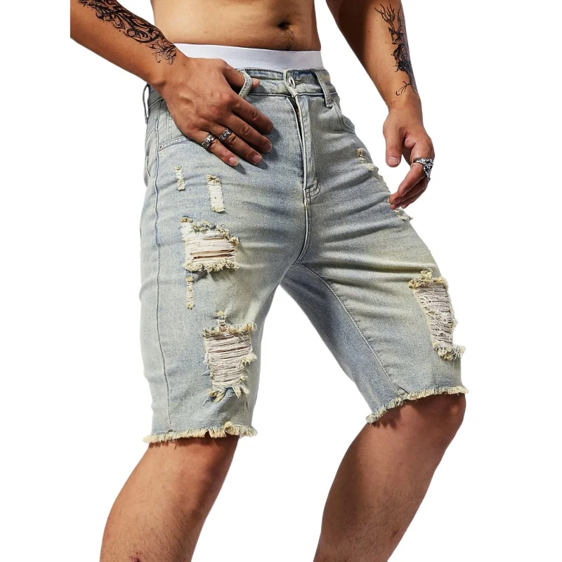 

Trendy Denim Shorts For Men Summer Style Korean Version Thin Fit Hip Hop Brand Ins Small Group Medium Length Trousers