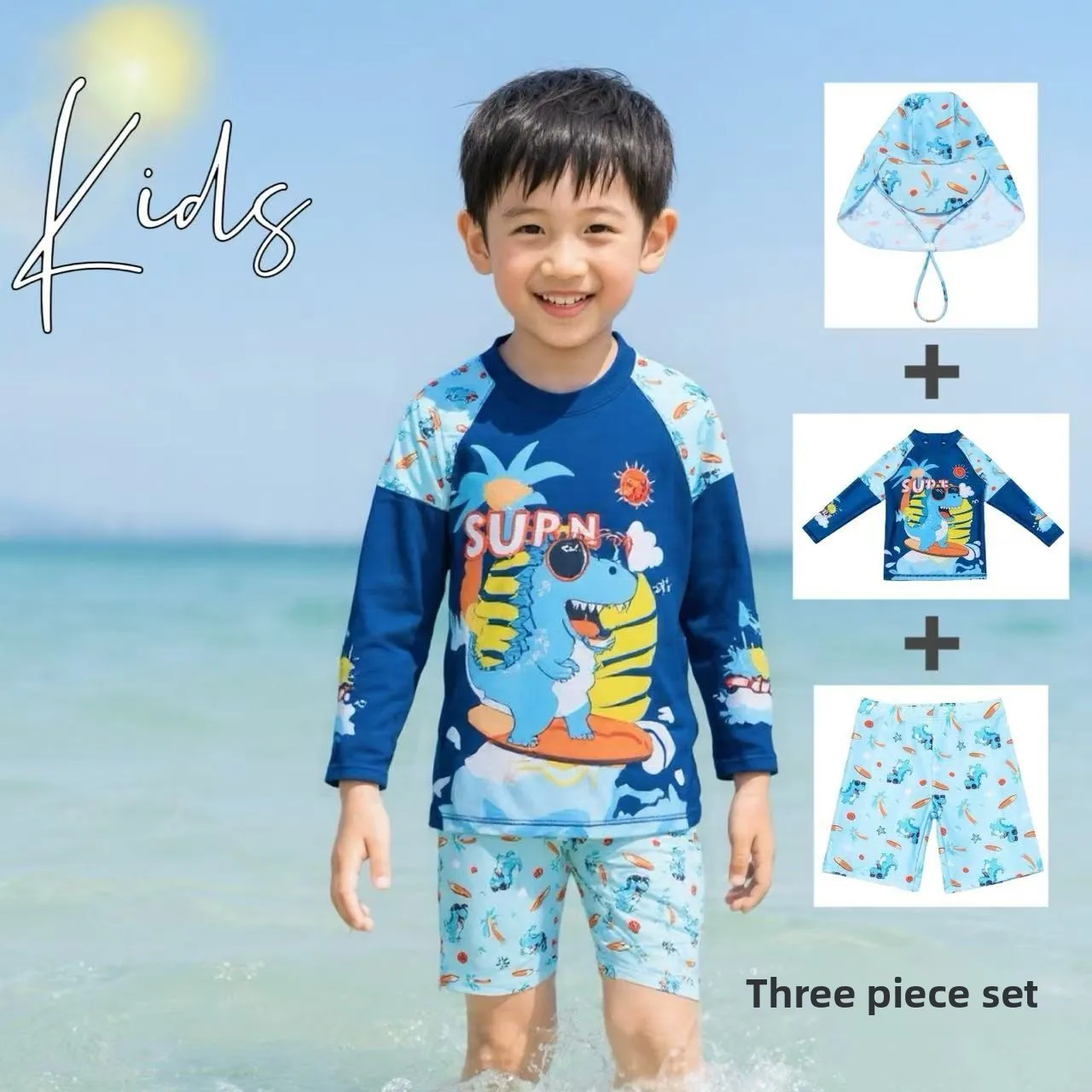 

Детский купальник с длинным рукавом, быстросохнущий, с защитой от солнца, раздельный дизайн, крутой мультяшный принт, комплект из трех предметов для мальчиков, различные размеры