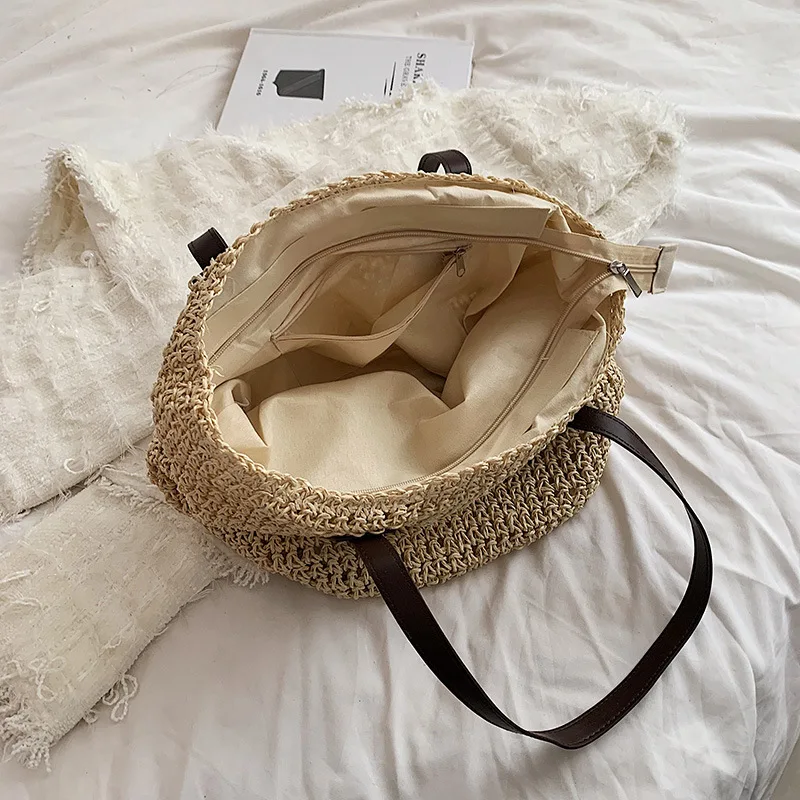 Summer Beach Bags, Women Handmade Rattan Woven Shoulder Bags, Large Capacity  Bohemian Straw Bag, Casual Travel Handbag