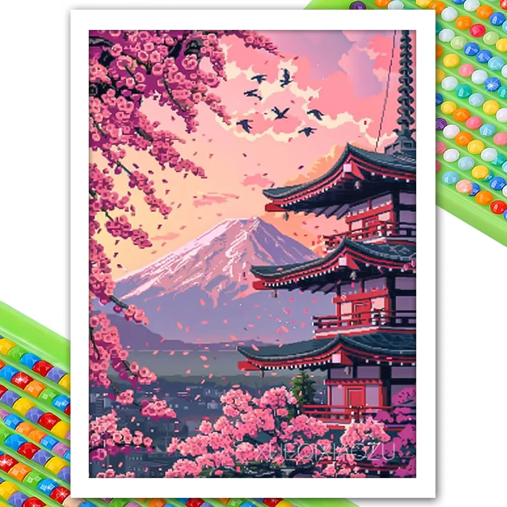 Digitales Landschafts-Diamantgemälde Kirschblüten-Turm Wandkunst-Dekoration Handwerk DIY-Geschenk Geeignet für Erwachsene Anfänger