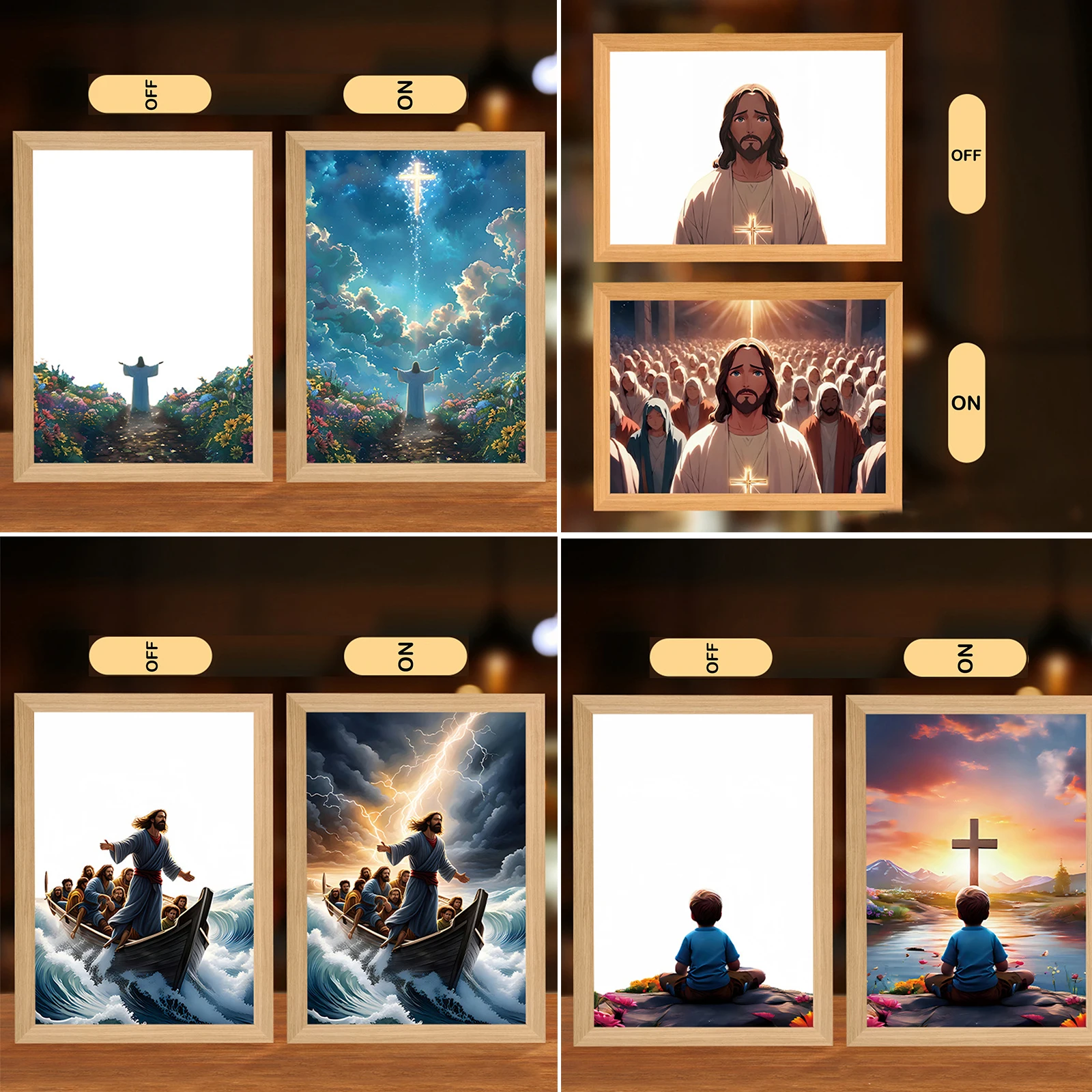 Miraclelamp - 4D LED inspirerende Jezus schilderij, Jezus nachtlampje, houten huis desktop decoratief licht, verjaardag christelijke geschenken