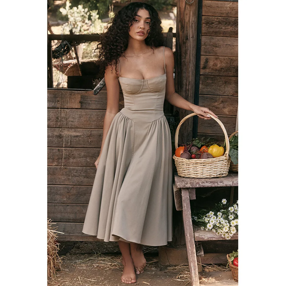 Sommer Frauen elegante ärmellose rücken freie Falten kleider Dame sexy feste Schlinge Midi-Kleid 2024 weibliche Party Abend A-Linie Roben – Detail 2