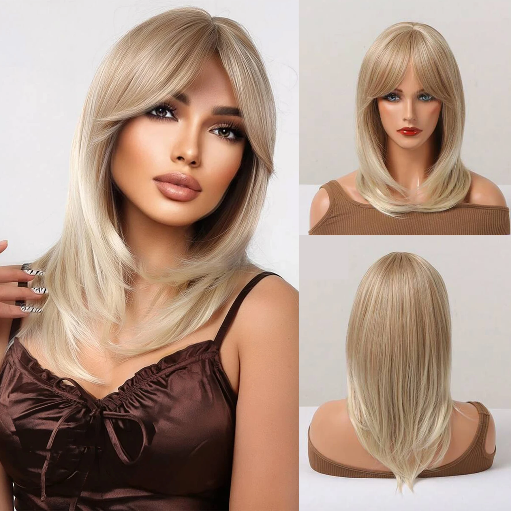 Peruka blond w kolorze Ombre z grzywką Długie proste peruki dla kobiet Peruka syntetyczna Ciemne korzenie na codzienną imprezę Cosplay