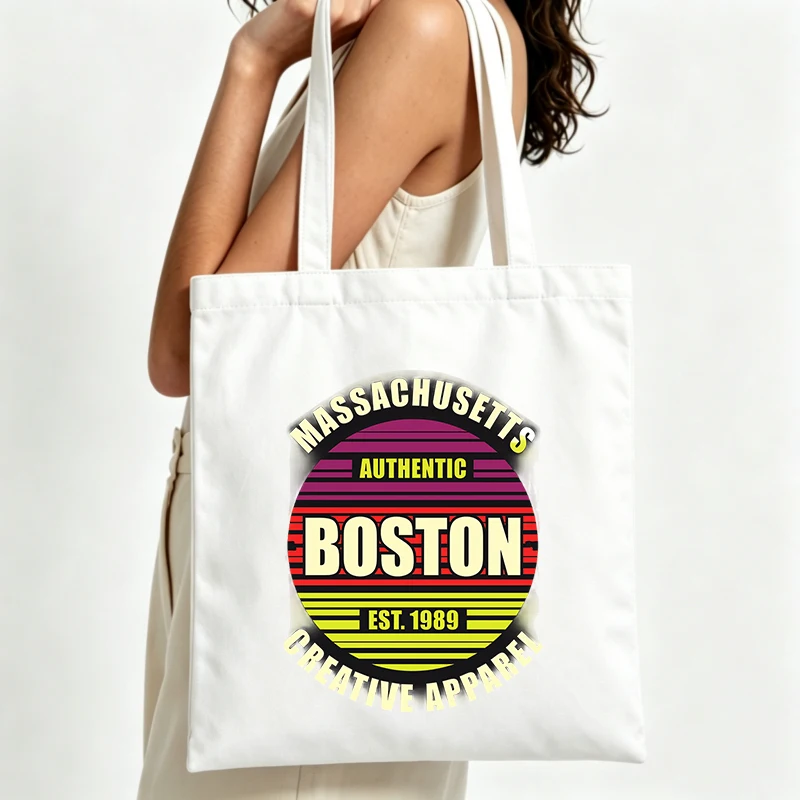 typography print canvas tote bag, retro graphic style for daily shopping and casual outings