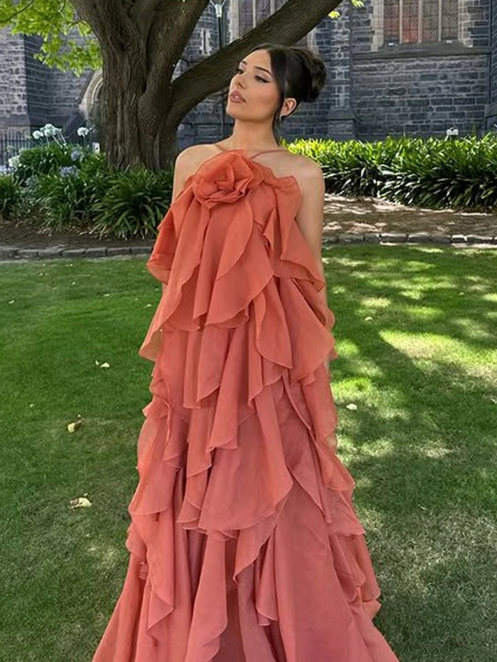 Modphy sexy multi camadas babados rendas vestido longo feminino flor sem costas sólido festa praia vestidos femininos 2025 verão senhora robe