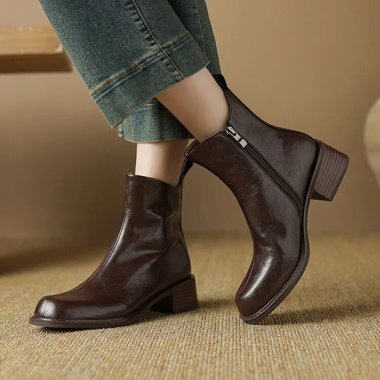 NEW Autumn Women Boots Split Leather Shoes for Women Round Toe Chunky Heel Shoes Zipper Chelsea Boots Casual Black Ankle Boots