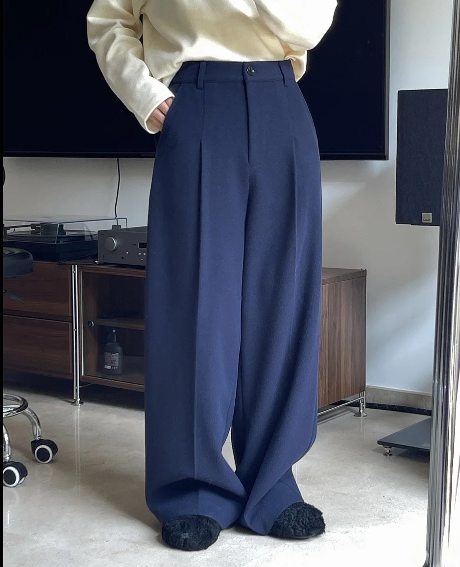 Spring and Autumn Women\'s Casual Solid Color High Waist Loose Wide Leg Pants