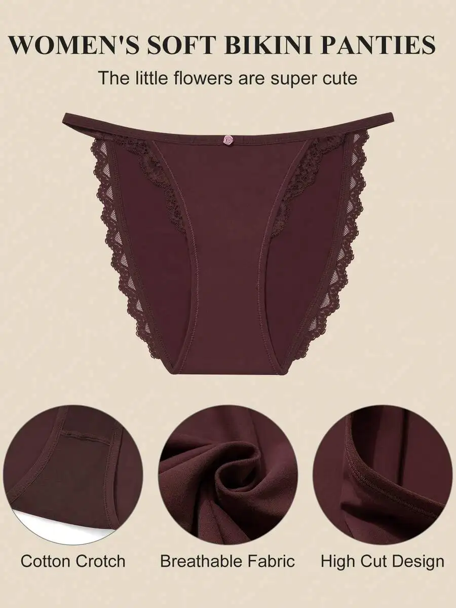 

Womens Soft Lace Bikini Panties With Cotton Crotch Breathable Fabric High Cut Design