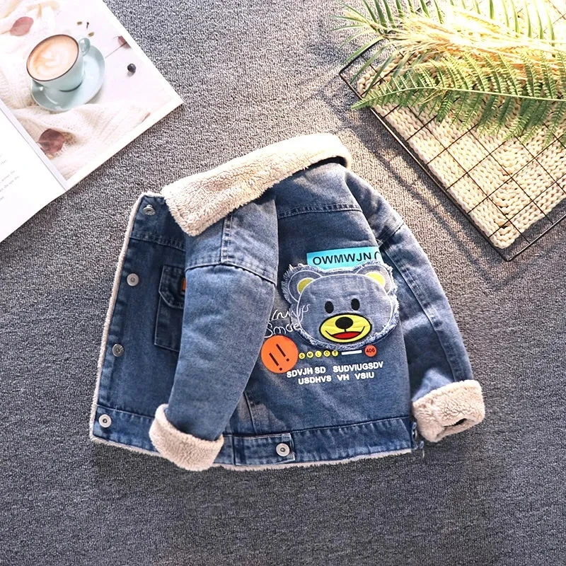 Boys Jacket Autumn and Winter New Children's Baby Plush Thickened Denim Coat  Children's Clothing Kids Winter Coats