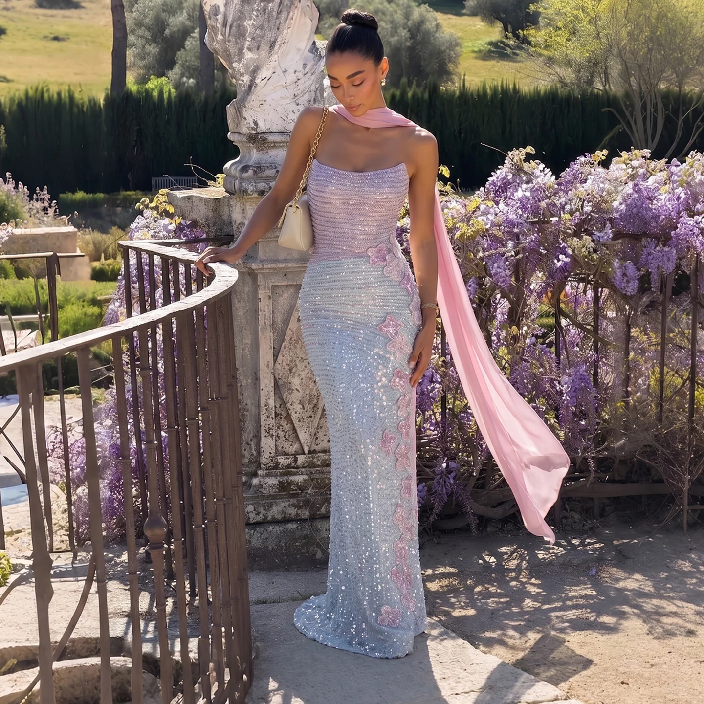 Sharon Said Luxury Gradient Pink Heavy Beaded Evening Dress Strapless 3D Floral Appliques Formal Party Gowns SS534 Customized