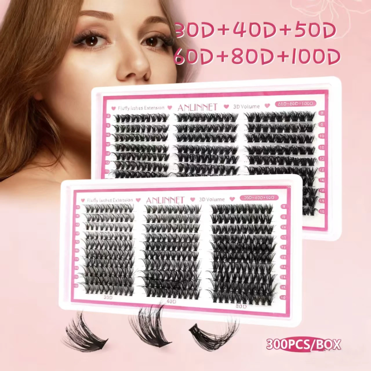 1 caixa de 300 clusters de cílios macios misturados com cílios postiços naturais segmentados enrolados C/D grossos de grande capacidade