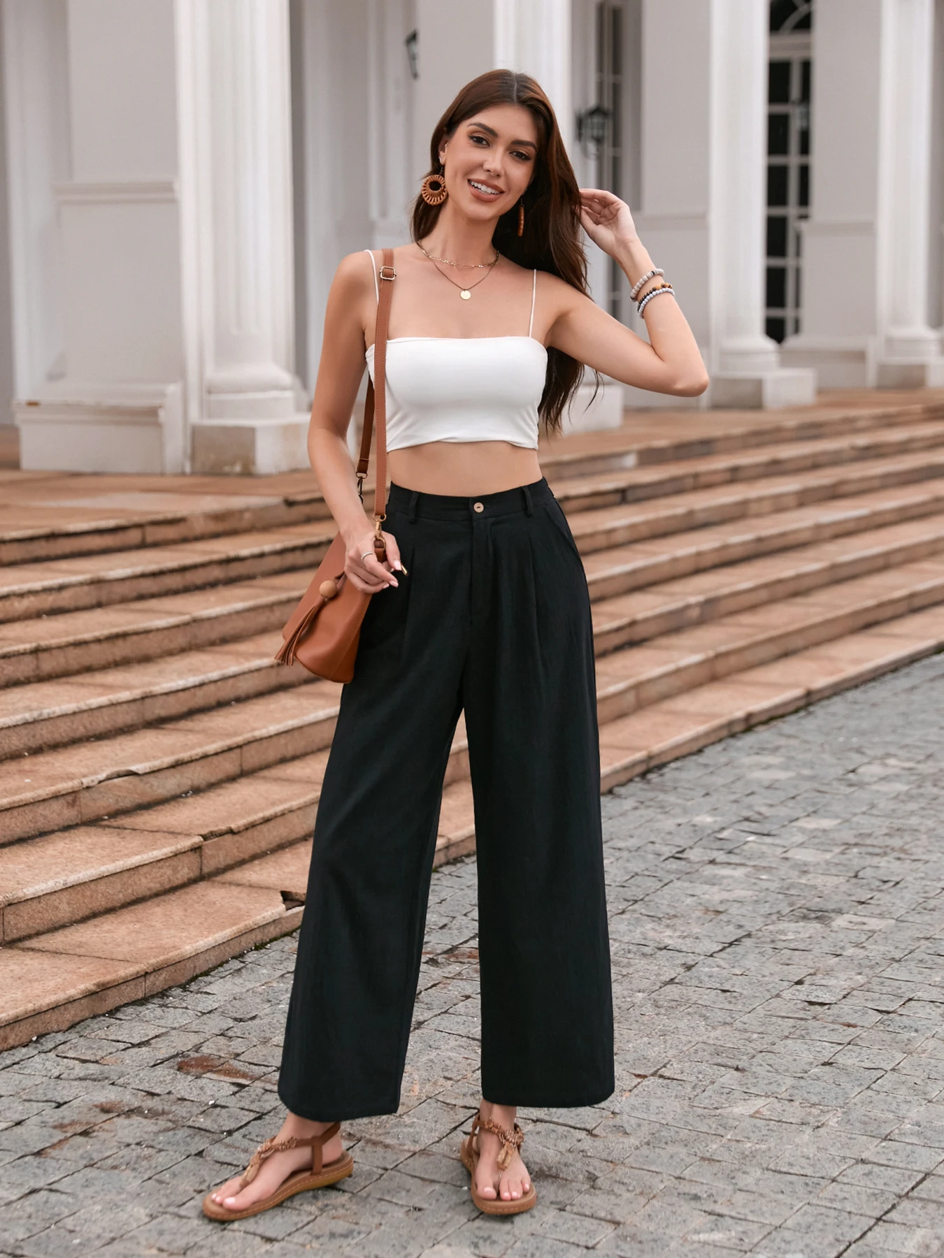 Elegante Einfarbige Leinenhose mit Weitem Bein für Damen Hochgeschnittene Fließende Lässige Sommer Lose Schlankmachende Lange Hose Frühling Herbst – Detail 12