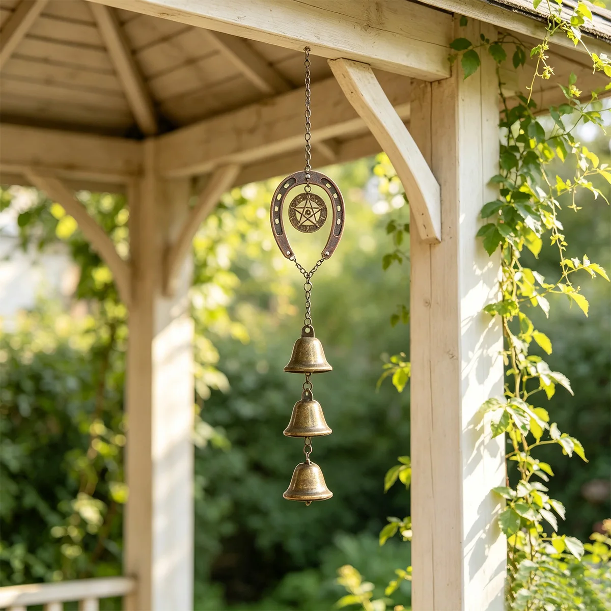 1 piece horseshoe wind chime, vintage style, five-pointed star bell hanging ornament, decoration for courtyard/roof eaves/balcony/wall, outdoor garden iron art pendant, homestay decoration, holiday gift, creative home/