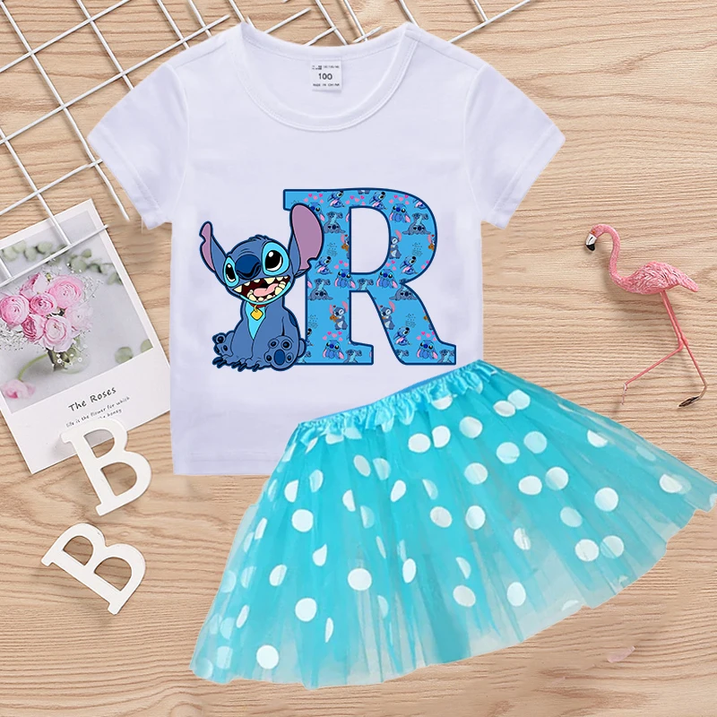 Conjunto de falda y camiseta de punto de Disney para niñas, camisetas de A-Z con letras de Anime, faldas de hilo, ropa de verano para niños, regalo de manga corta, gran oferta