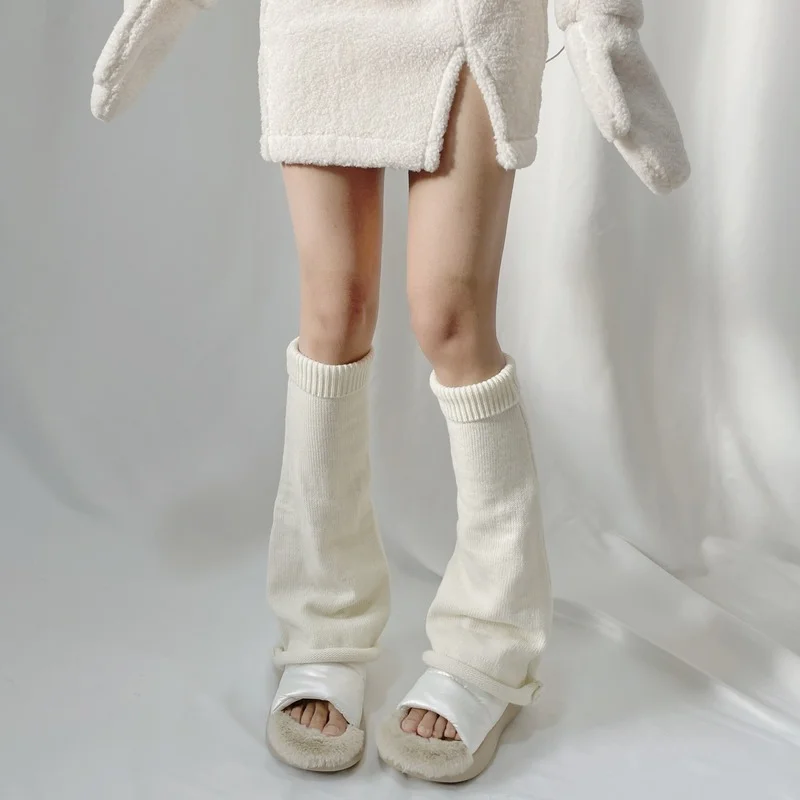 Lolita Leg Warmers Japanese Harajuku White Winter Loose Boot Stocking Y2k JK Uniform Knitted Cute Knee-High Kawaii Leg Warmers