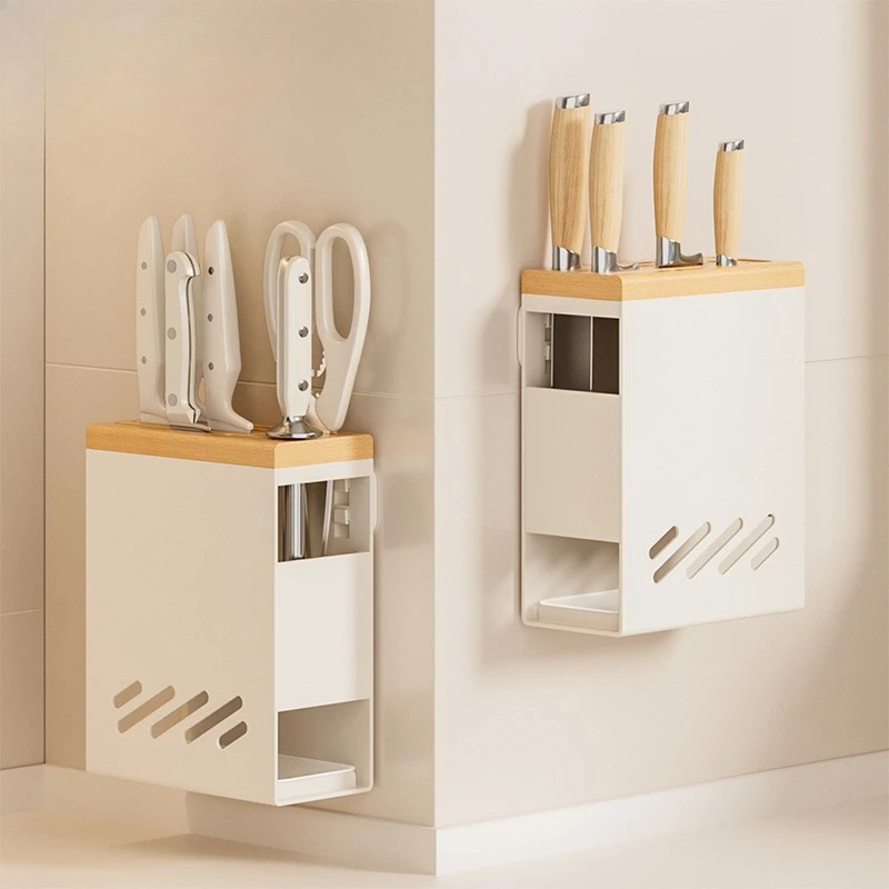 Beech Light Luxury Kitchen Knife Rack Shelf Wall Mounted Vegetable Knife Rack Cream Style Knife Organizer
