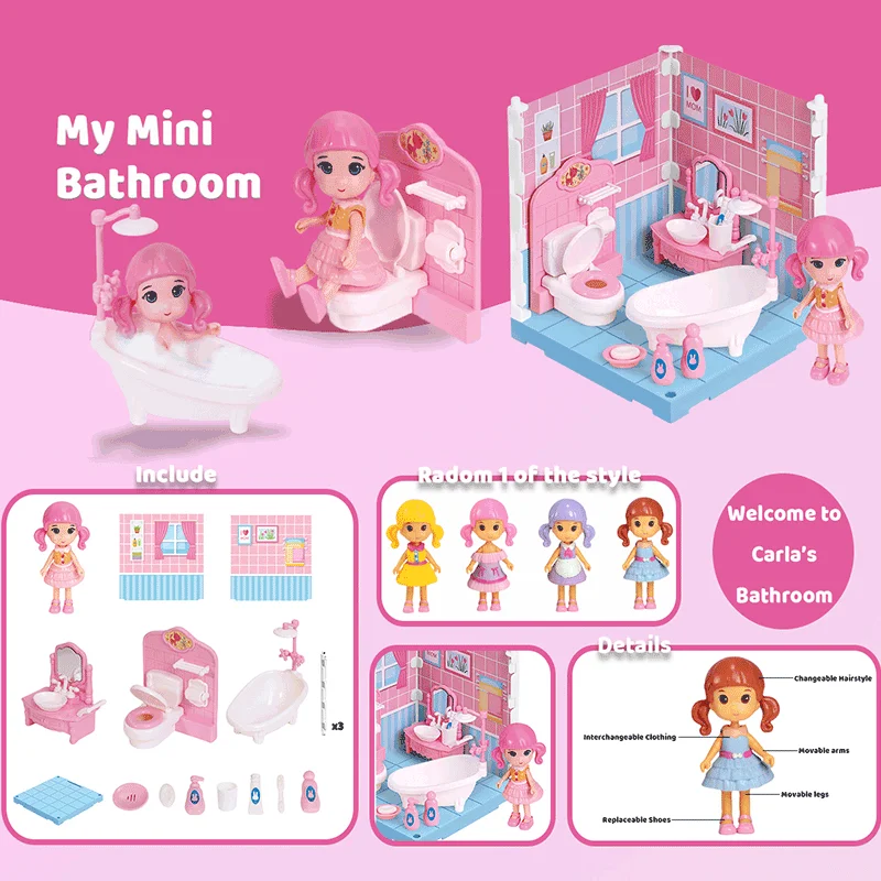 ミニランドリールームおもちゃ、人形DIYミニチュアドールハウスキット家具セット、ミニバスルームハウス、3D教育的ごっこ遊びおもちゃ