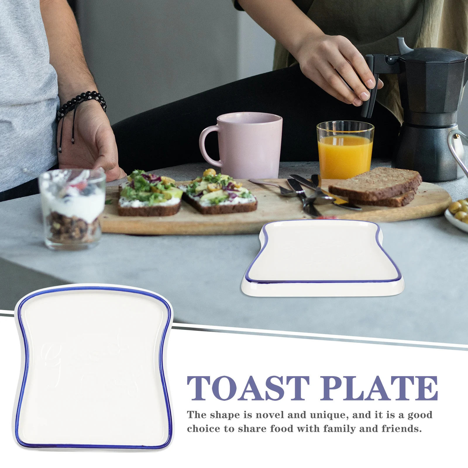 

Breakfast Meal Plate Ceramic Food Tray Toast Shape Home Accessory Daily Use Safe for Microwave and Tray