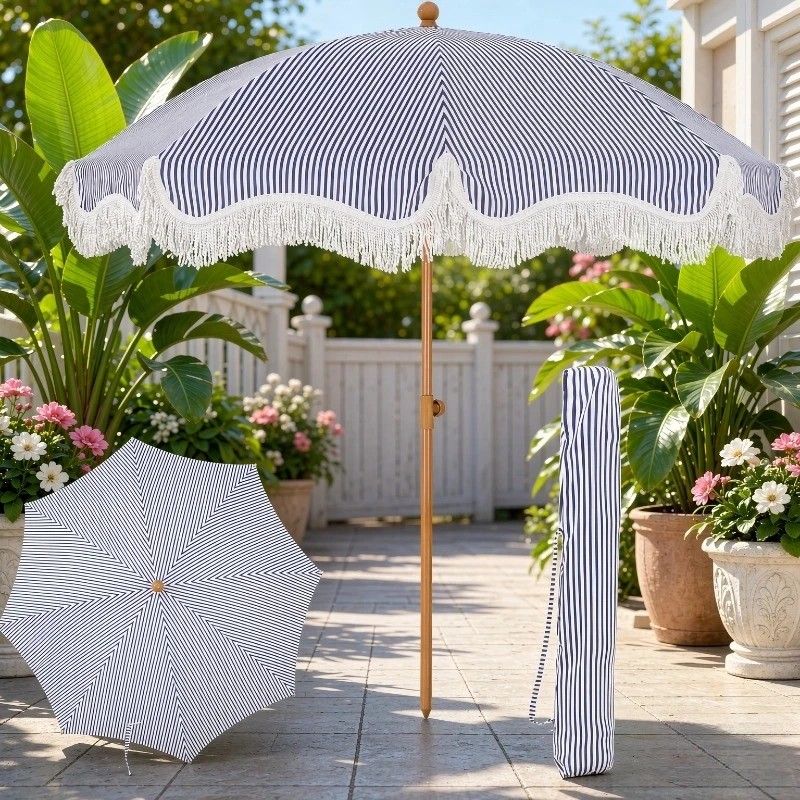 7.5FT Outdoor Patio Beach Sunshade Umbrella with Fringe Tassel UV Blocking Sand Anchor Tilt Button & Carry Bag