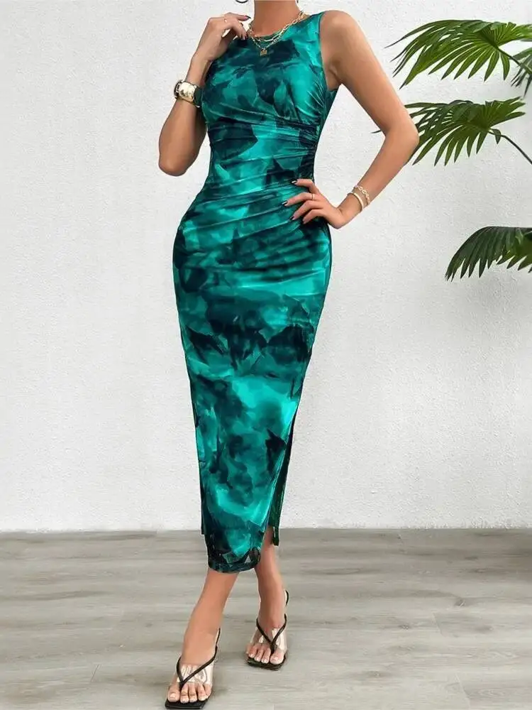 ผู้หญิง 2025 ฤดูใบไม้ผลิฤดูร้อนใหม่แฟชั่นพิมพ์รอบคอสไตล์สลิมมิ่งแขนกุดชุดรัดรูปแยกด้านล่าง W9K8