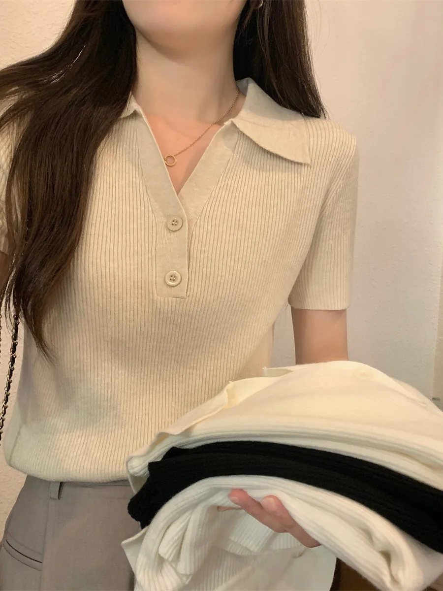 

Korean Style Simple Button Collar Knitted Short Sleeve T-Shirt Women Summer Slim Fit Soft High End Feeling Top