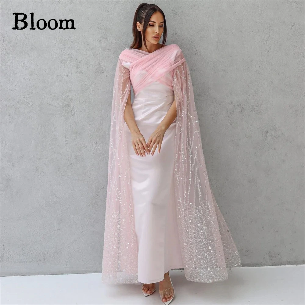 

Bloom Pink Sequins Tulle Evening Dresses Cross Cape Sleeves Ankle-length Elegant Formal Wedding Party Dresses For Prom