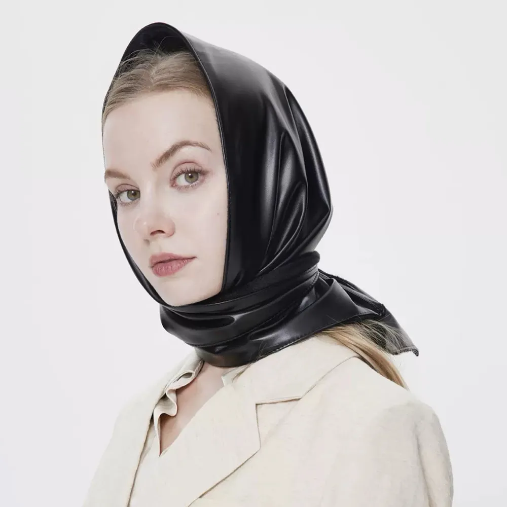 

Fashion Women Leather Square Hijab Spicy Y2k Headscarf Hat Korean Hip-hop Kerchief Hair Scarf Design Bandana Decor Accessories