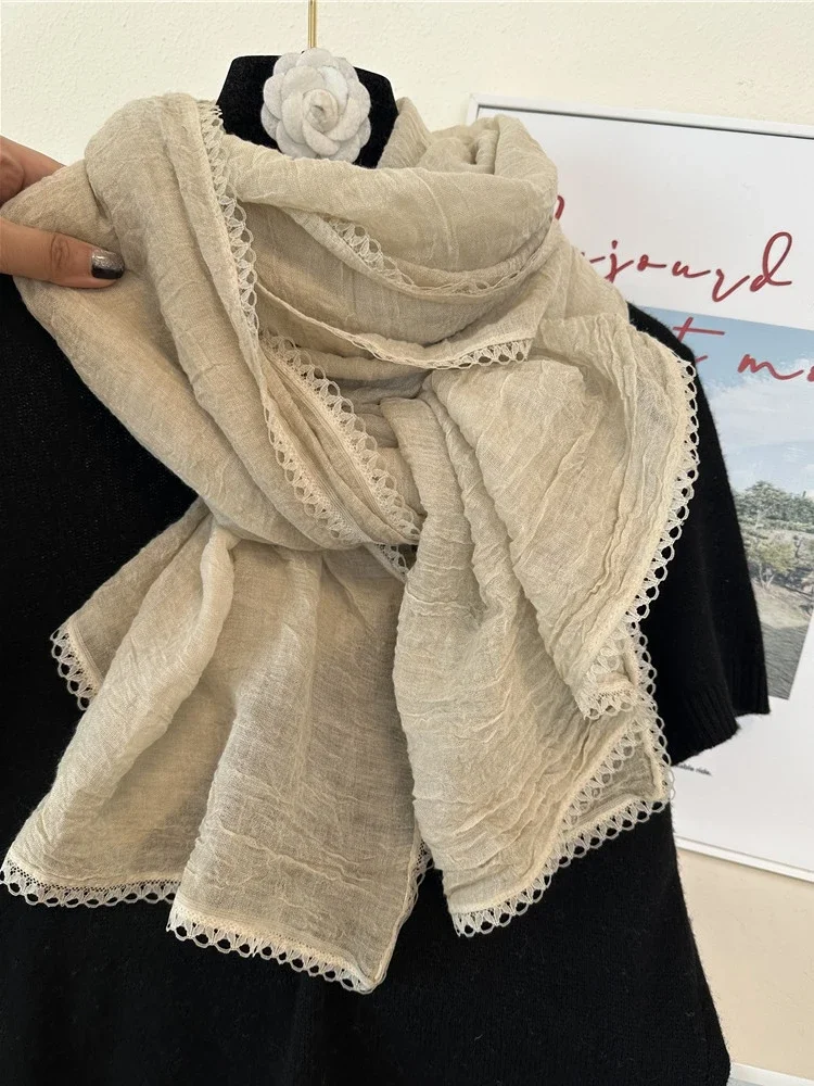 

Модный хлопковый льняной шарф с кружевной отделкой, универсальный декоративный теплый женский осенне-зимний шарф, модный Sli