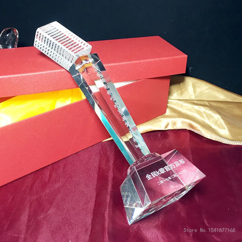 Crystal Trophy with Lettering for Celebration, Creative Microphone, Music and Singing, Host and Song, Celebration Gift