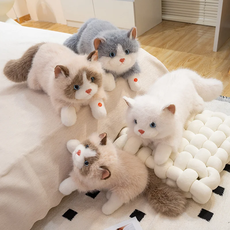 

4 Styles Lifelike Cat Plush Toys Lovely Fluffy Lying Prone Ragdoll Cat Doll Warm Cozy Throw Pillow Kids Companion Home Decor