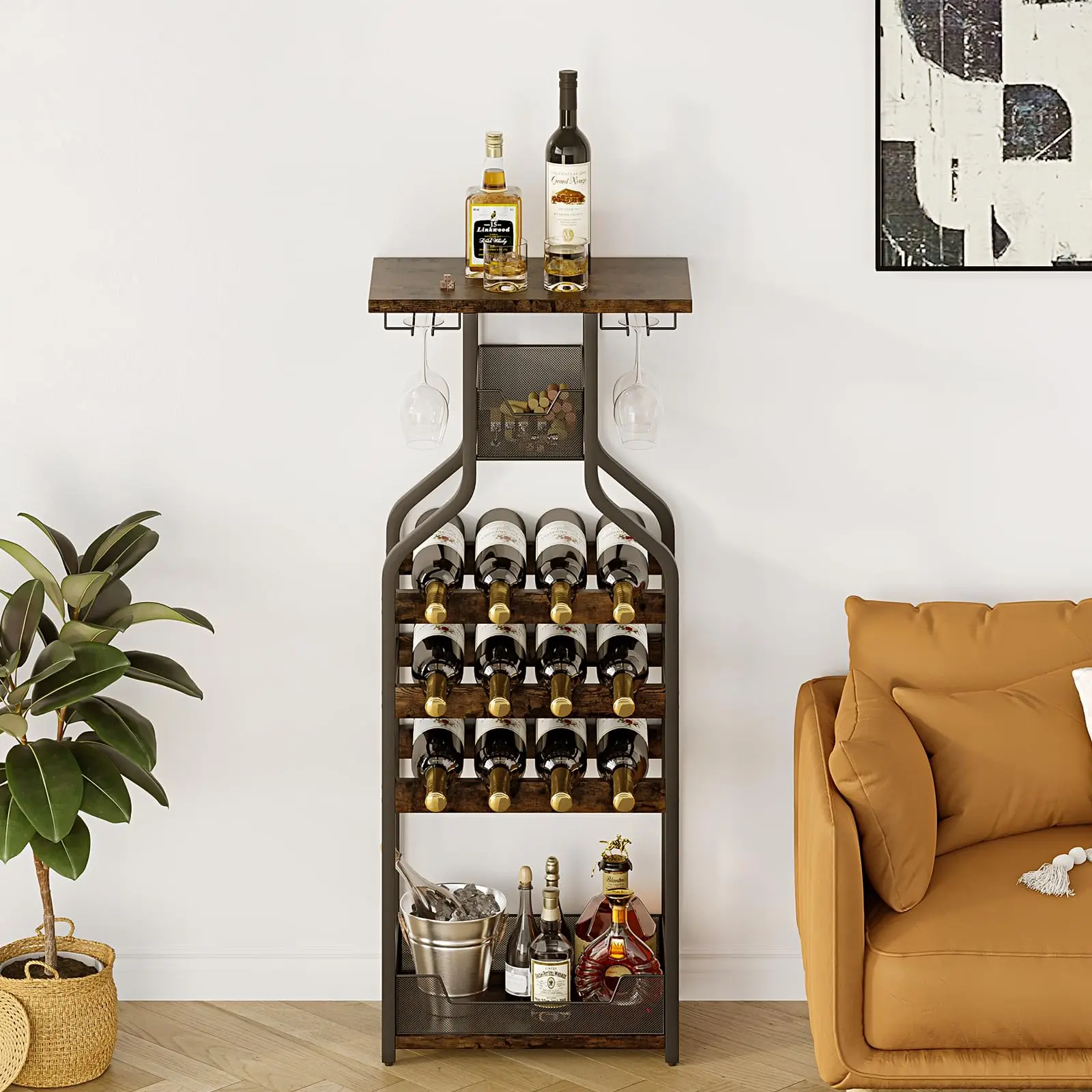 12-Flaschen-Weinregal aus Metall, freistehender Weinflaschenhalter mit 2 Körben, 2 Glashaltern und Tischplatte für Küche, Bar, Esszimmer