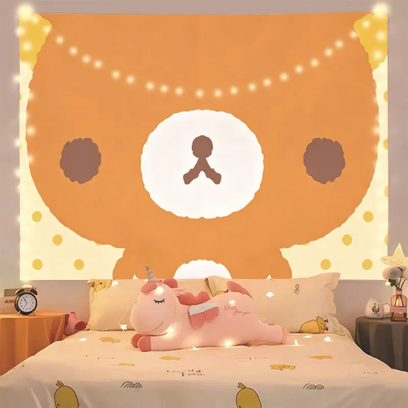 Cute Cartoon Bear Tapestry Warm Orange Polka Dot Animal Wall Hanging Sweet Kawaii Style Wall Tapestry for Teen Girls Bedroom
