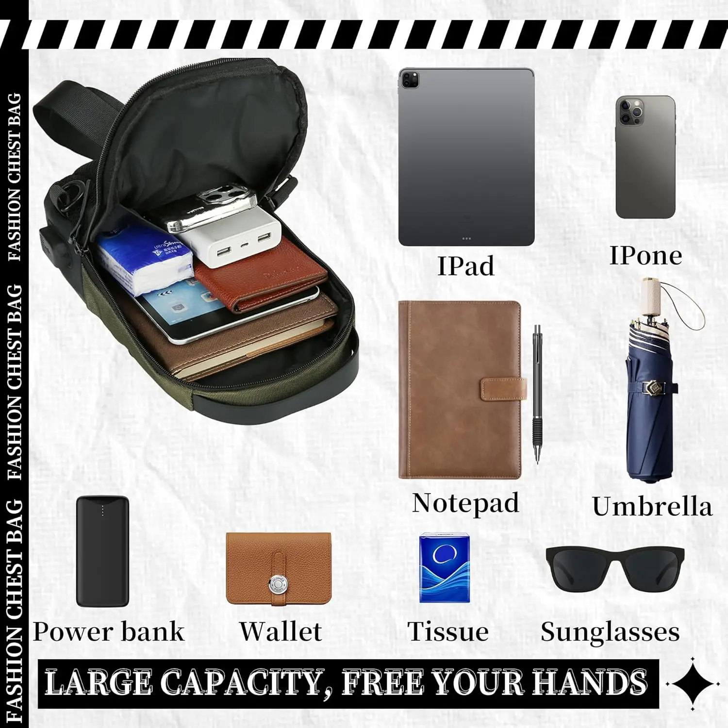 Man Casual Sling Chest Bag Shoulder USB Rechargeable Backpack Waterproof Outdoor Sport Hiking Riding Running Waist Bag Backpack