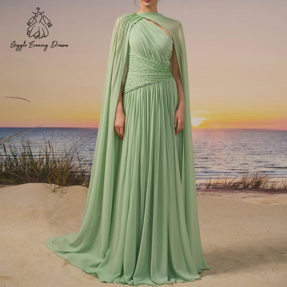 セージグリーンアラビアプロムドレスケープスリーブビーズプリーツフォーマルパーティードレス女性のドレープシフォンAラインイブニングドレスカスタマイズ