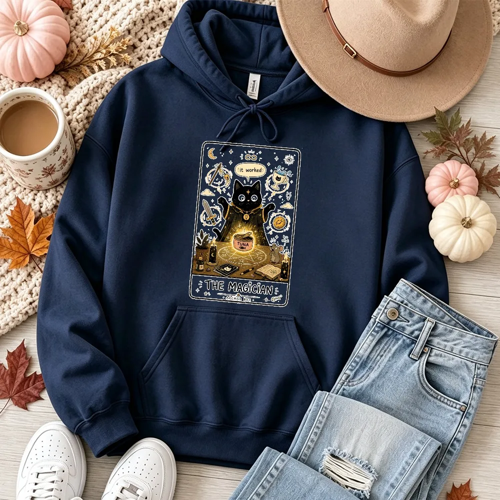The Magician Tarot Card Black Cat Pullover Hooded Sweatshirt Witchy Moon Star Magic Potion Vintage Tarot Casual Halloween Tops