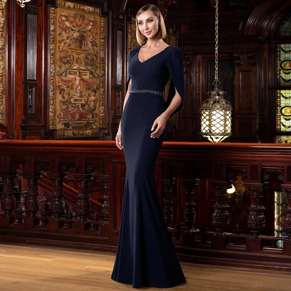 Elegante Azul Royal Mãe da Noiva Vestidos V Neck Metade Mangas Vestidos de Festa de Casamento Frisado Sereia Até O Chão فساتين السهرة