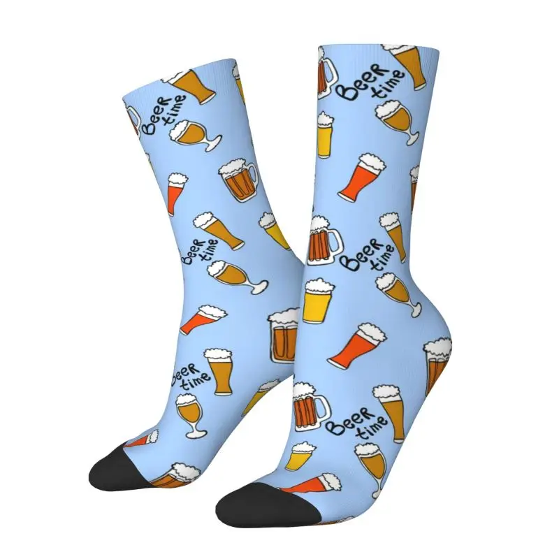 Fun Printed Beer Time Socks for Men Women Stretch Summer Autumn Winter Crew Socks