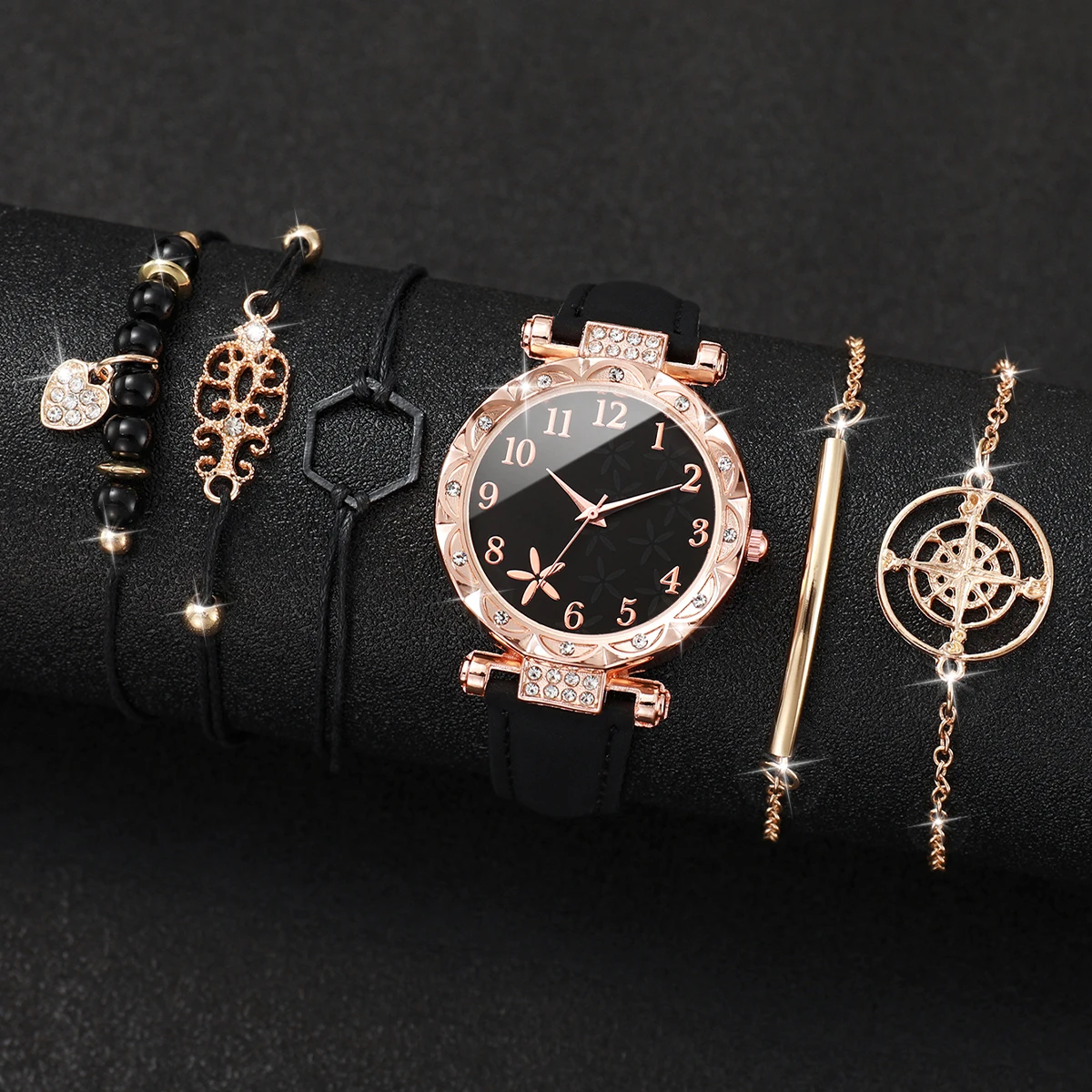 6PCS/Set Fashion Rhinestone Flowers Women Watch Leather Band Quartz Watches Bracelets Set(Without Box)