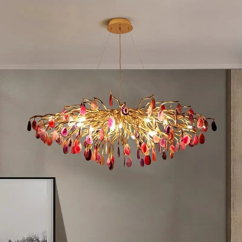 

Luxury Natural Agate Chandeliers Colorful Green Blue Lighting Foyer Living Dining Room Restaurant Bedroom Pendant Lamp