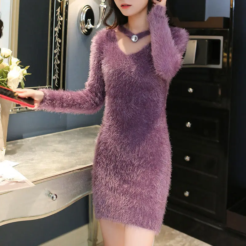 

Imitation Mink Knitt Sweater Women Outer Wear New Autumn Winter Pullover Sweater Female Korean Loose Medium Long Bottoming Dress