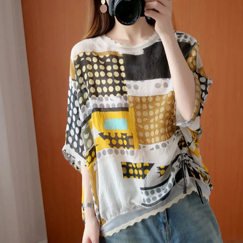 Street Fashion Polka Dot Color Spliced Blouse Woman 2023 Summer New Casual O-Neck Half Sleeve Loose Oversized Shirring Shirts